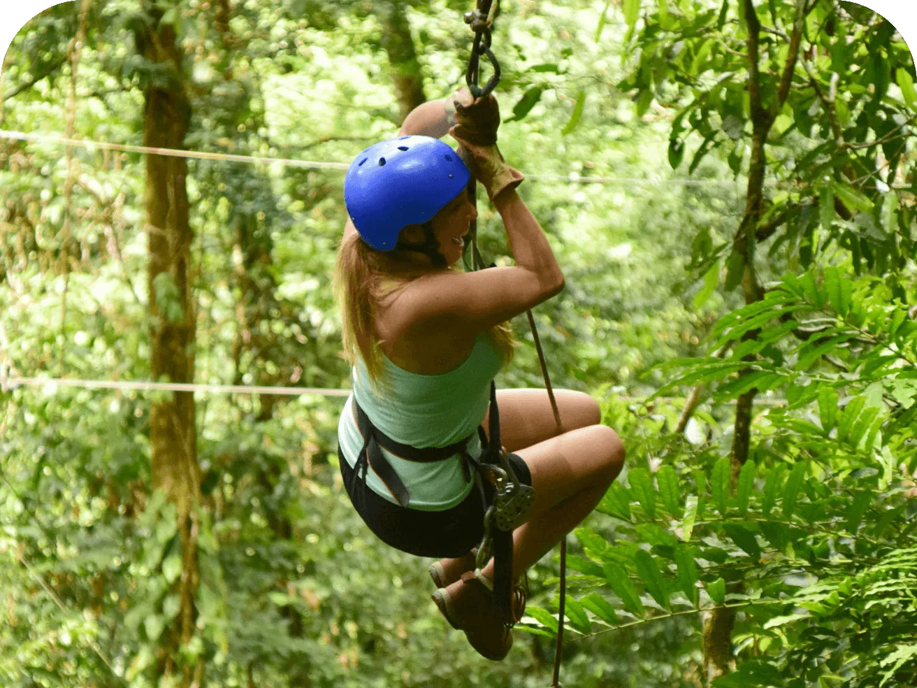 Adventure seeker ziplining through a dense rainforest canopy