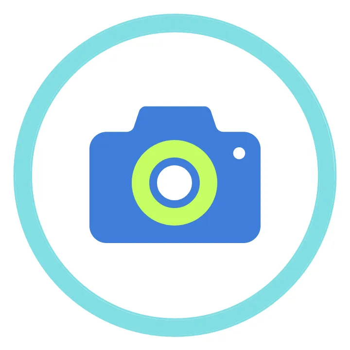 Camera icon in blue with a small green dot inside a teal circle