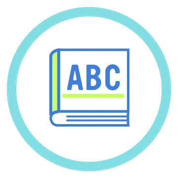 Blue “ABC” book icon inside a teal circle.