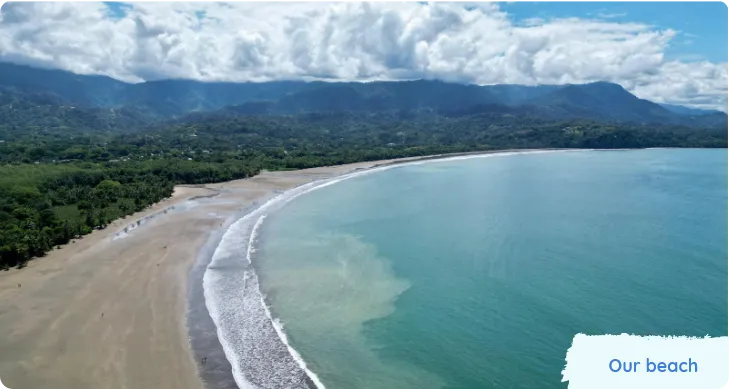 Aerial view of a wide beach, turquoise water and mountains in the distance. Text reads Our beach.